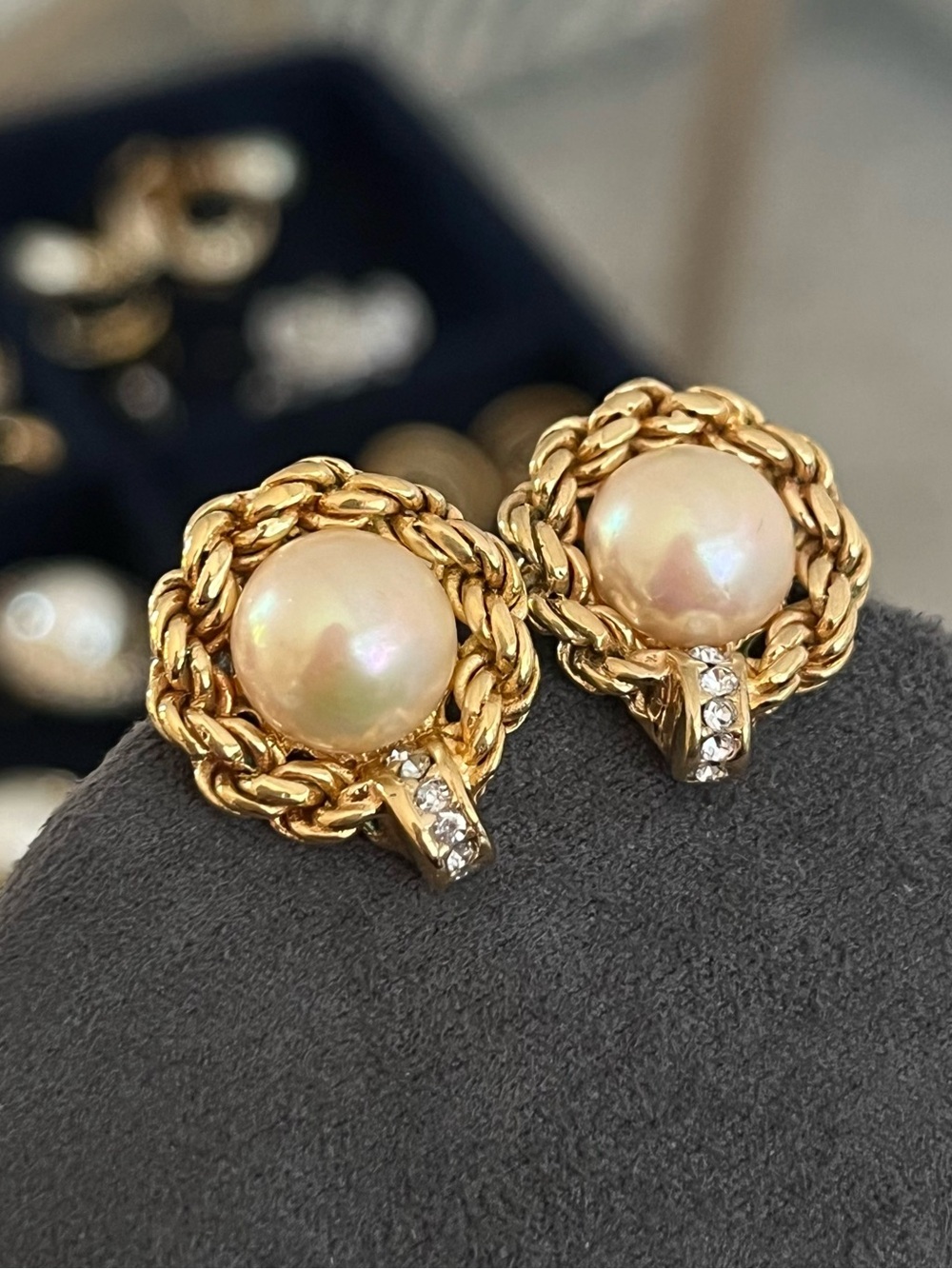 Authentic Vintage Dior Round Pearl Braided Chain Rhinestone Gold Clip Earrings